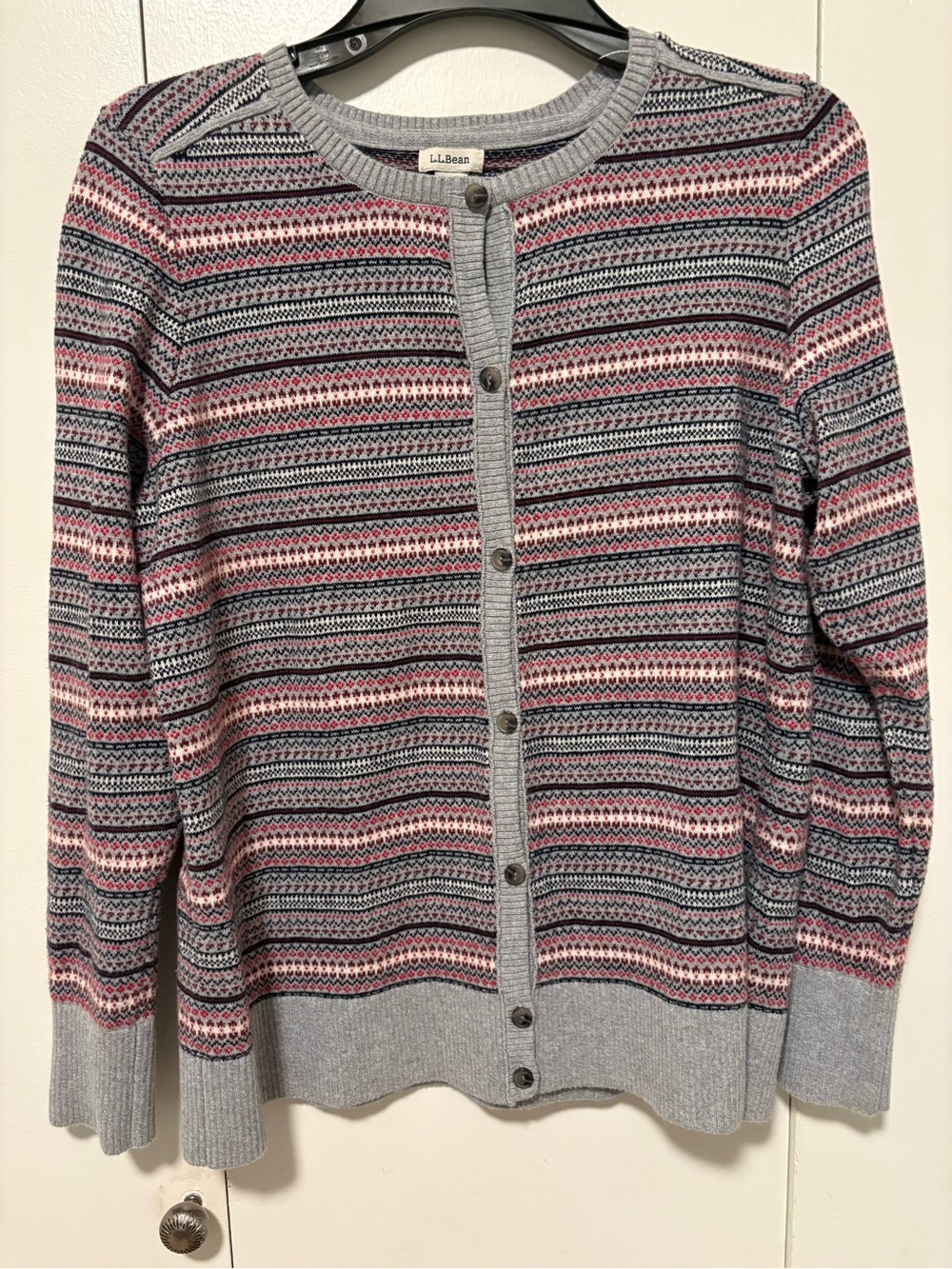 L.L. Bean Women’s Petite M Fair Isle Cardigan Sweater Cotton Cashmere Gray Red